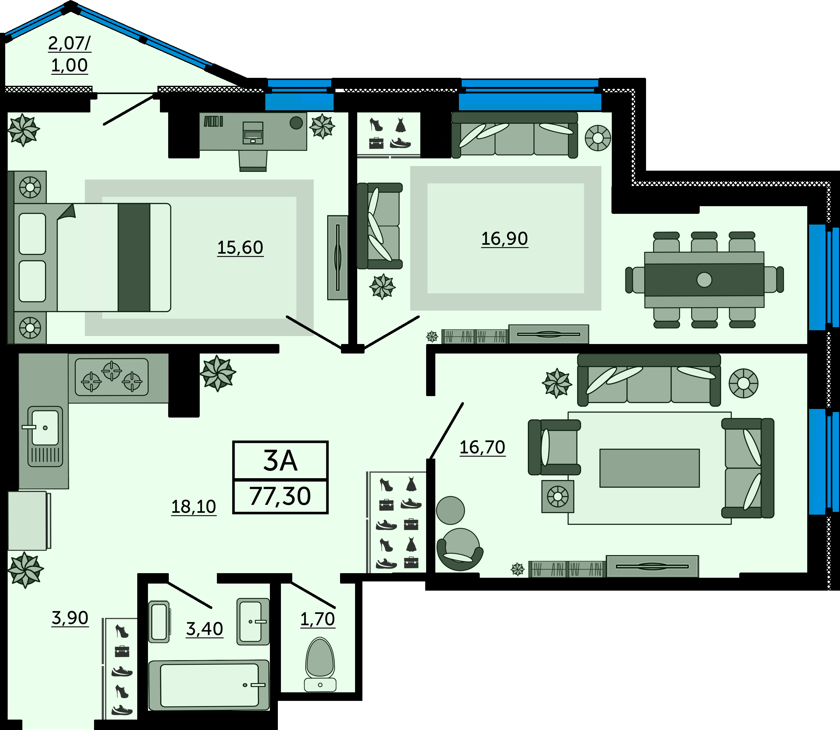 Планировка 3-комнатная 76,9 м²