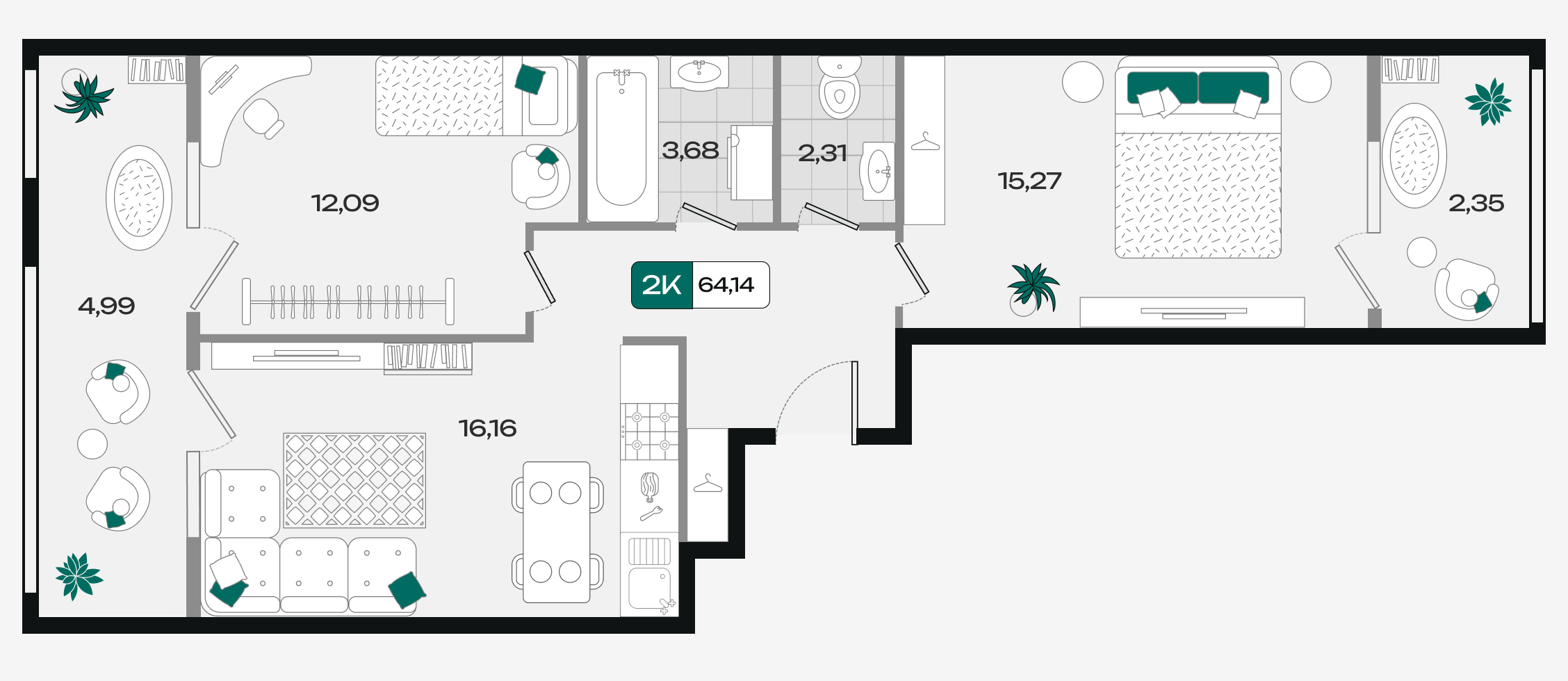 Планировка: 2-комн. квартира 64,1 м²