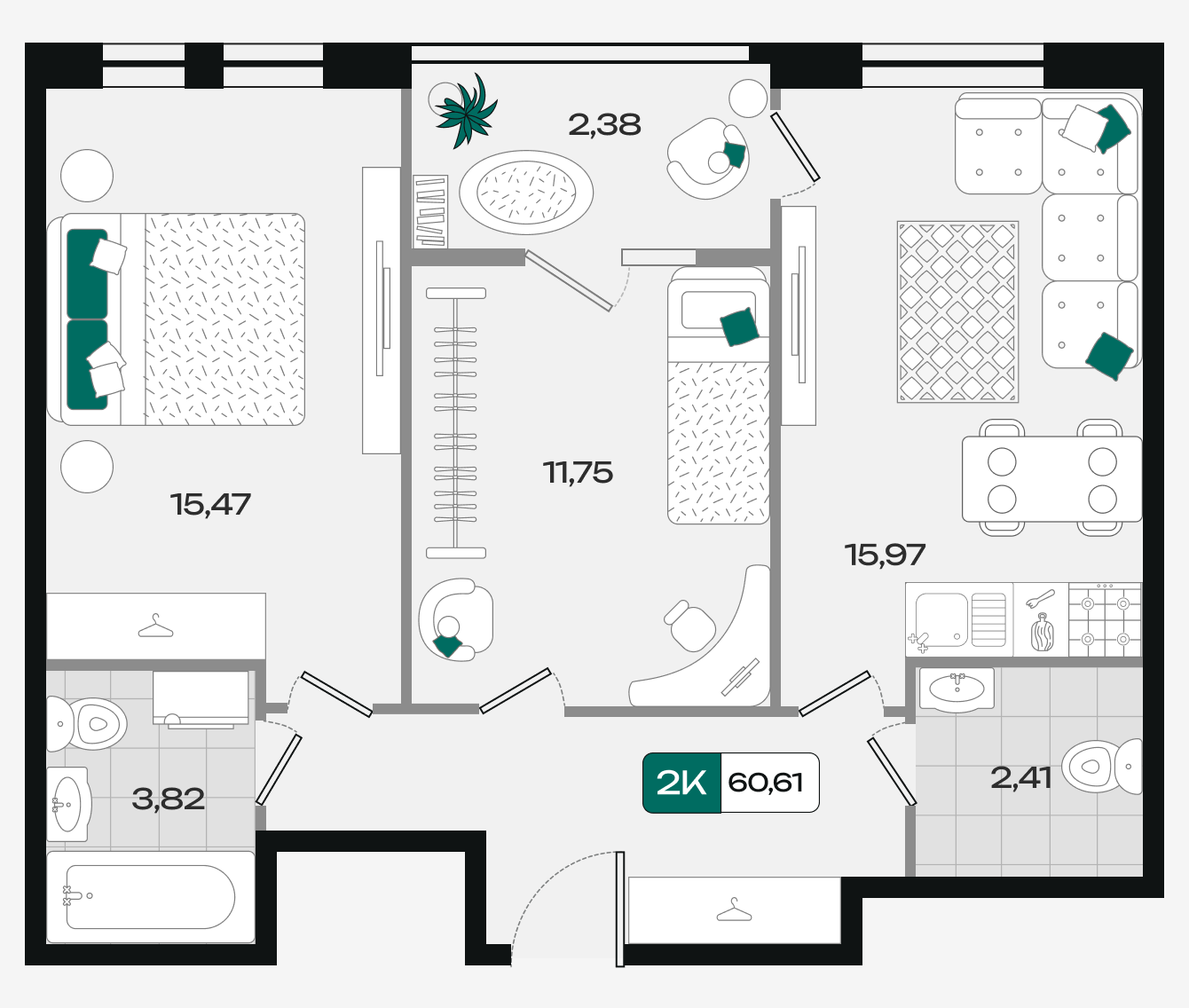 Планировка 2-комнатная 60,61 м²