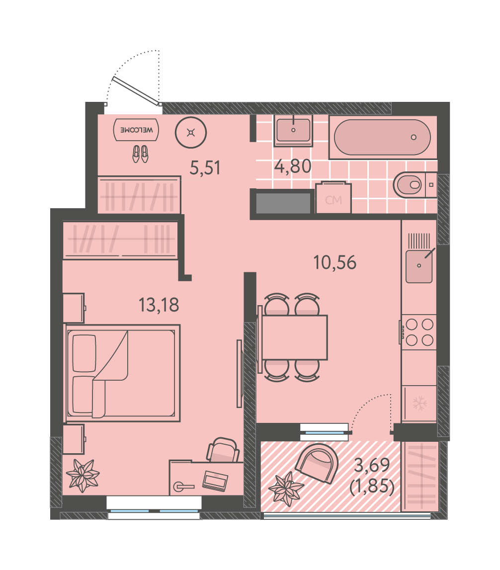 Планировка 1-комнатная 35,9 м²