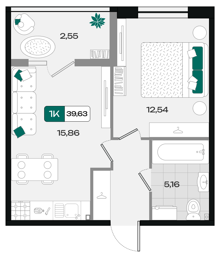 Планировка: 1-комн. квартира 39,6 м²