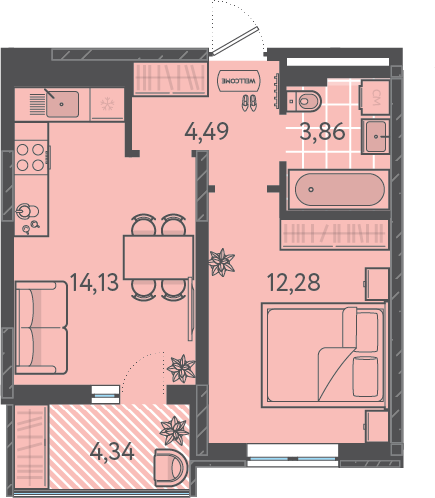 Планировка: 1-комн. квартира 37 м²
