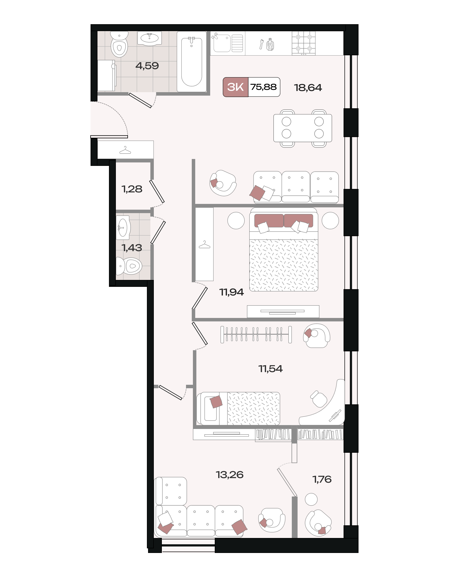 Планировка 3-комнатная 75,88 м²