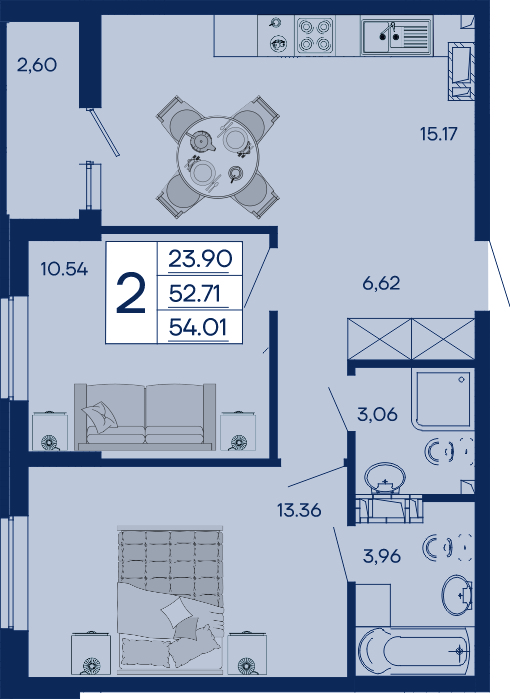 Планировка 2-комнатная 54,01 м²