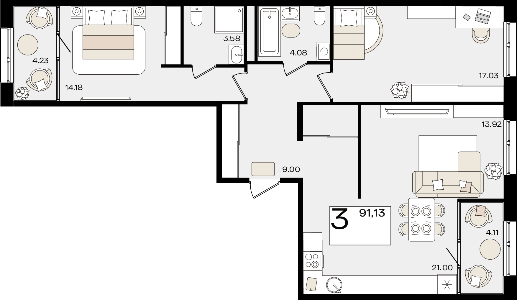 Планировка 3-комнатная 91,13 м²