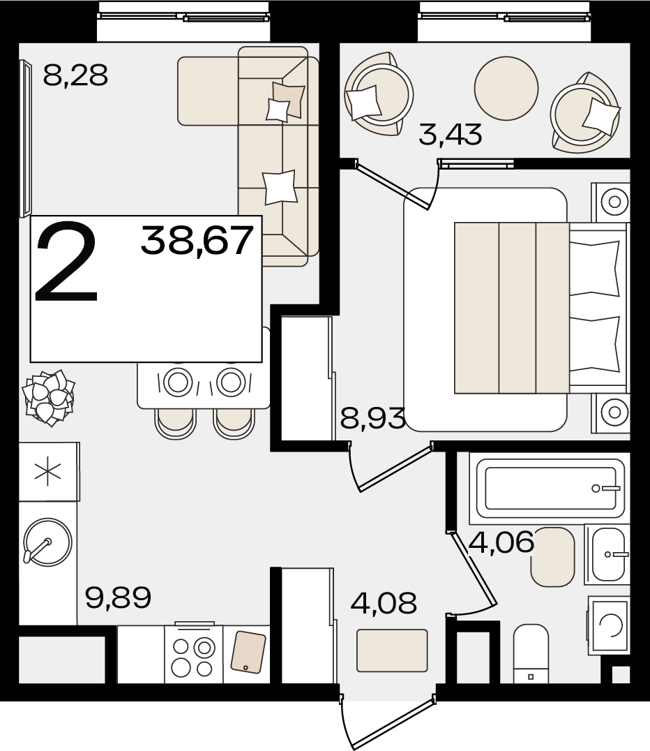 Планировка 2-комнатная 38,67 м²