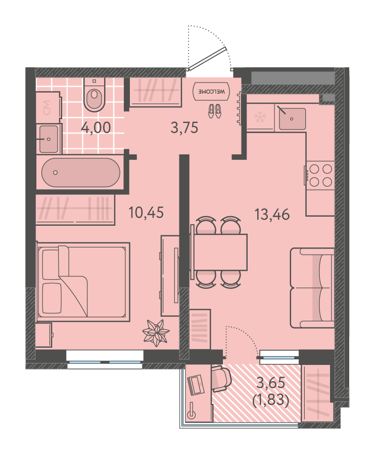 Планировка 1-комнатная 33,65 м²