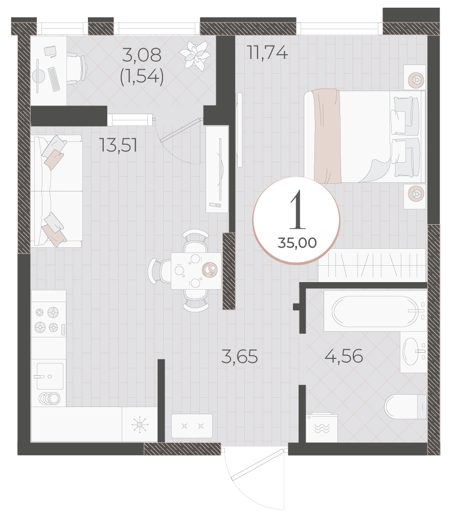 Планировка: 1-комн. квартира 35 м²