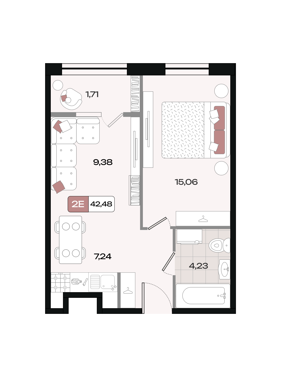 Планировка 2-комнатная 42,48 м²