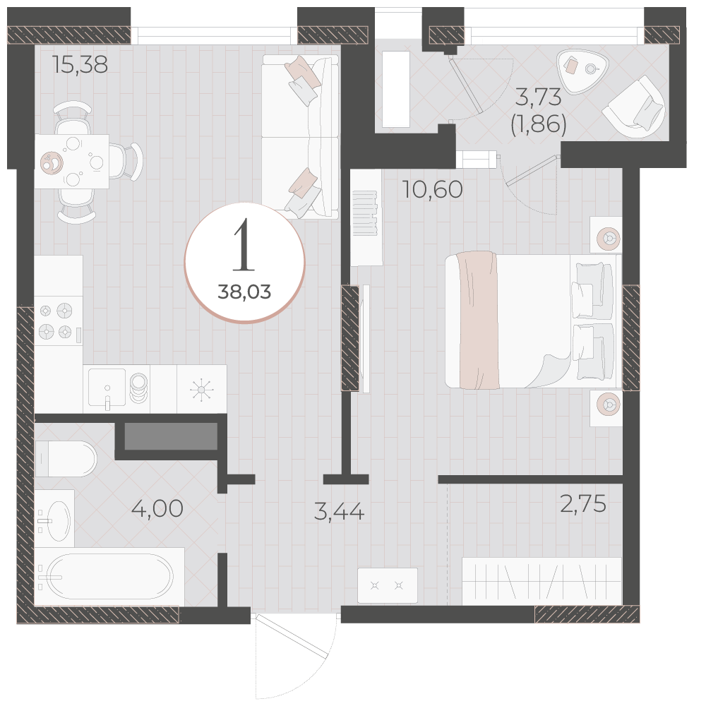 Планировка 1-комнатная 38,03 м²