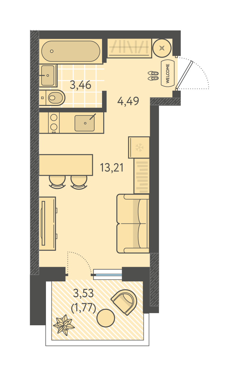 Планировка: Студия 22,9 м²