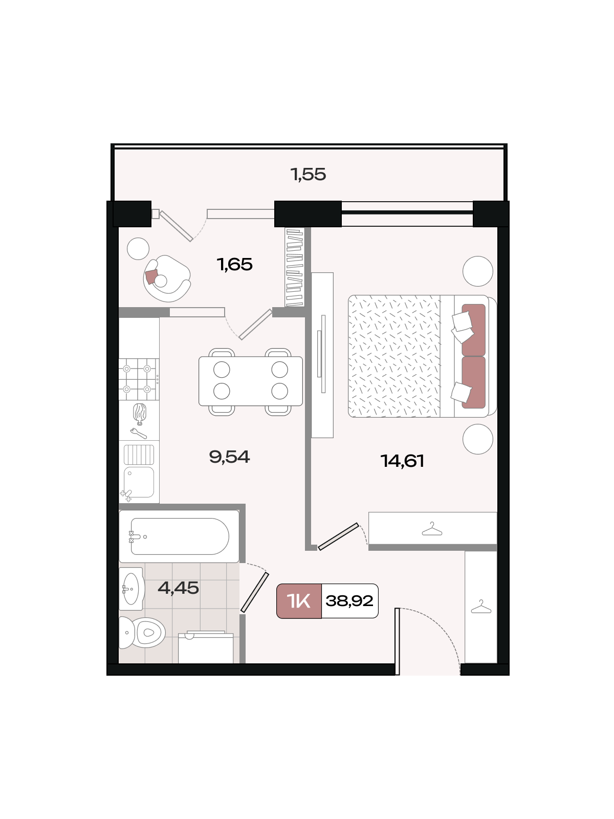 Планировка 1-комнатная 38,92 м²