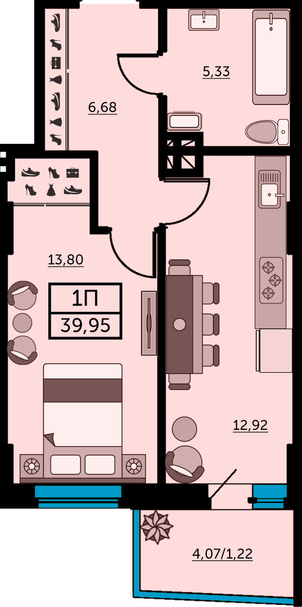 Планировка 1-комнатная 39,5 м²