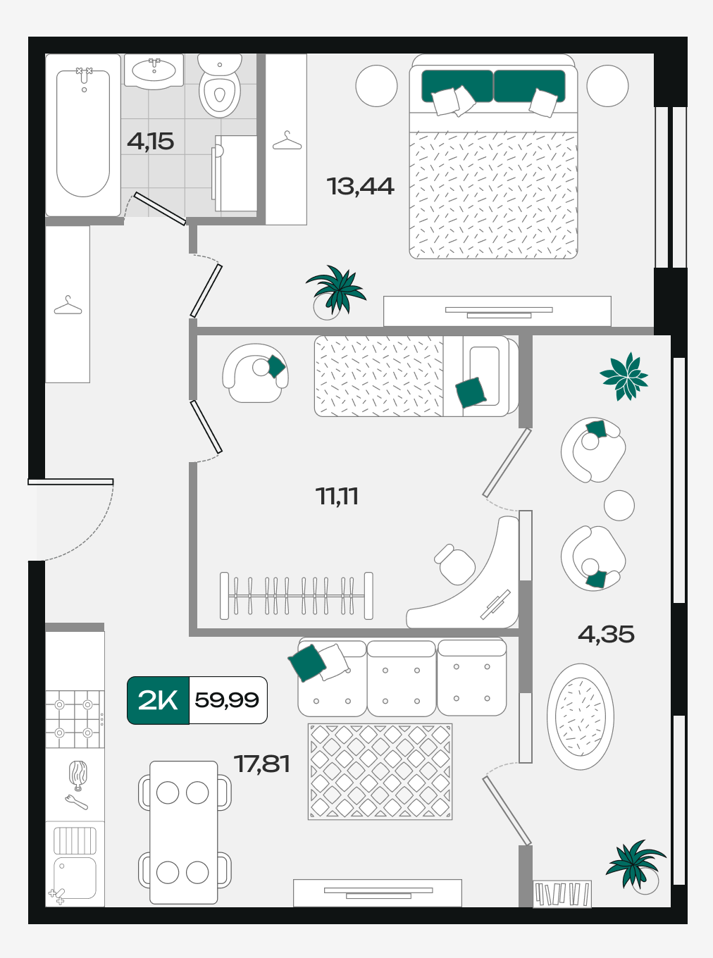 Планировка: 2-комн. квартира 60 м²