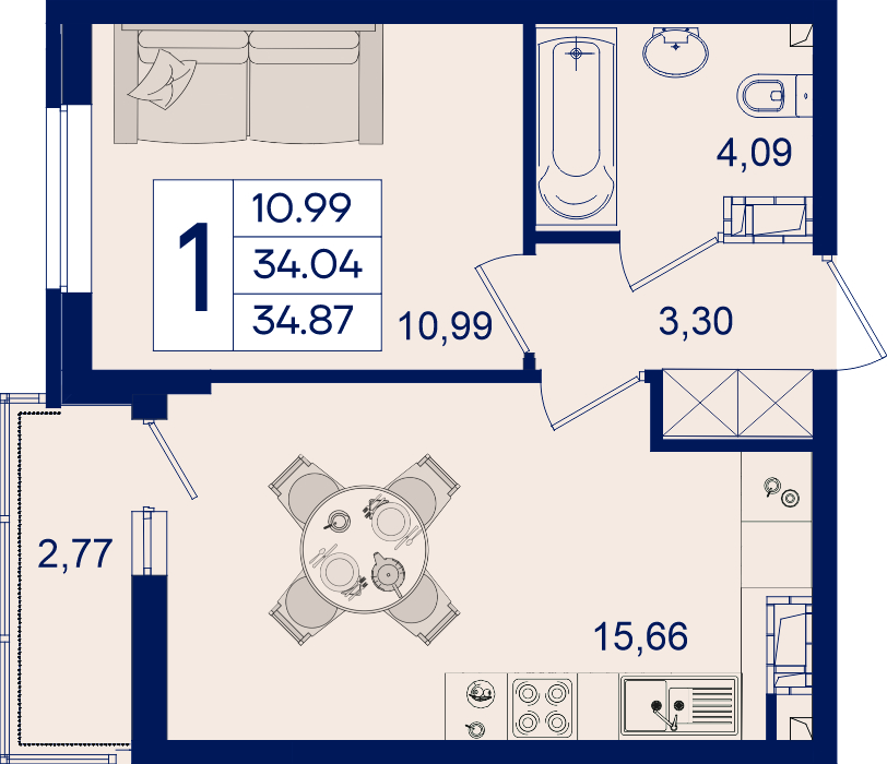 Планировка: 1-комн. квартира 34,9 м²