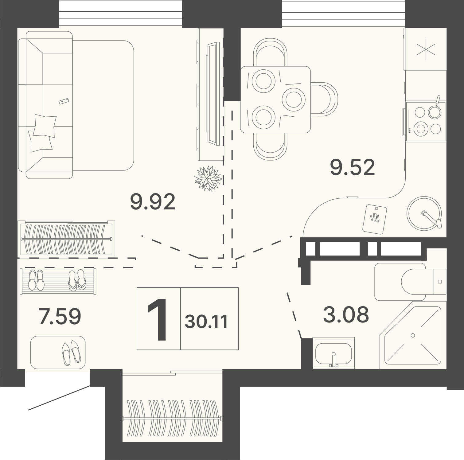 Планировка 1-комнатная 30,11 м²