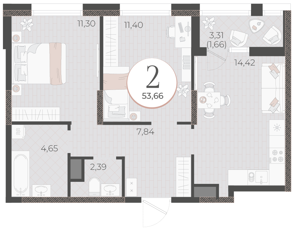 Планировка: 2-комн. квартира 53,7 м²