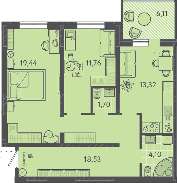 Планировка: 2-комн. квартира 68,7 м²