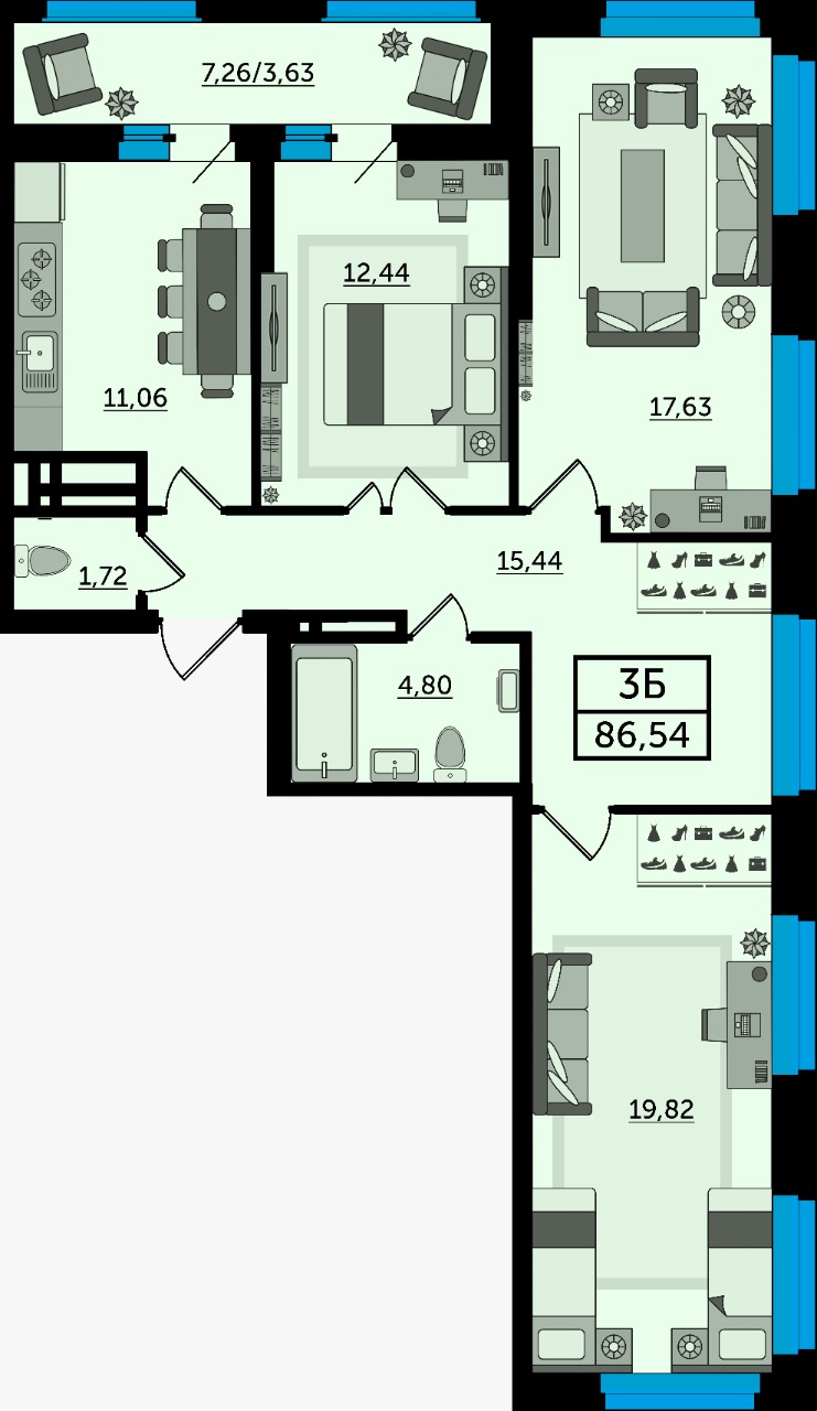 Планировка 3-комнатная 86,15 м²