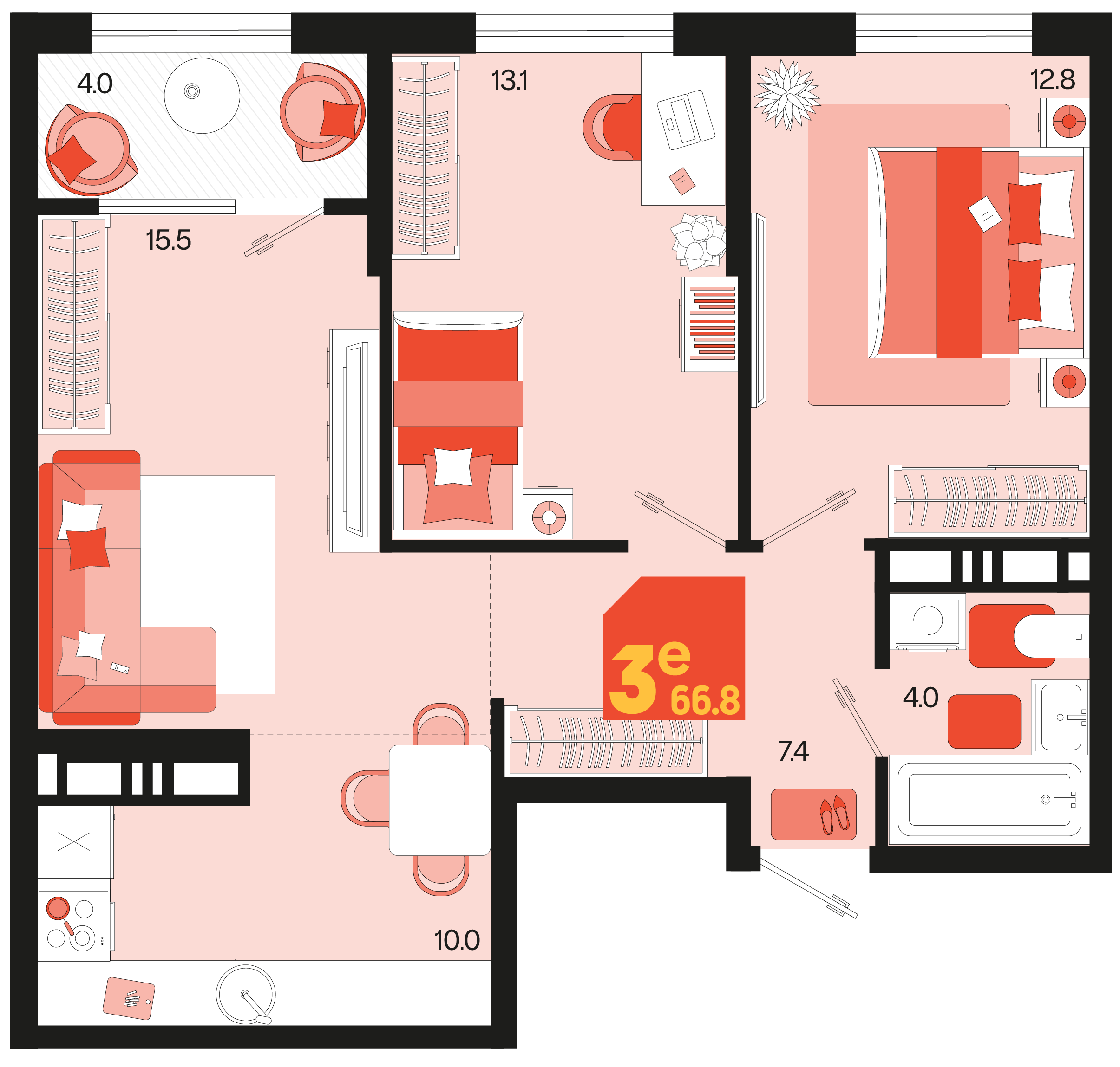 Планировка 3-комнатная 66,8 м²