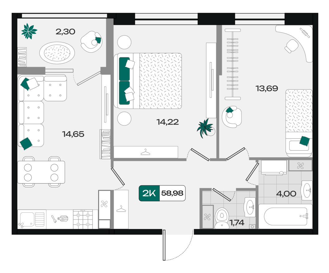 Планировка: 2-комн. квартира 59 м²