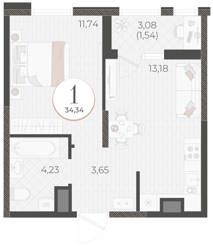 Планировка 1-комнатная 34,34 м²