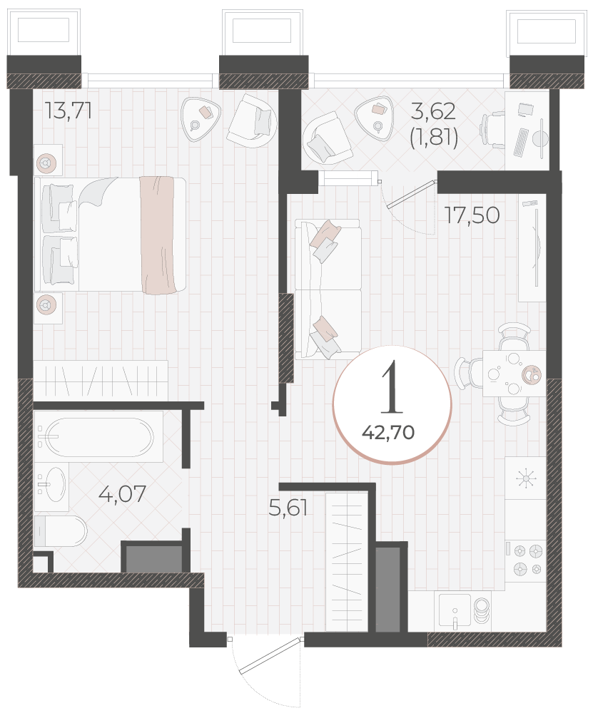 Планировка 1-комнатная 42,7 м²