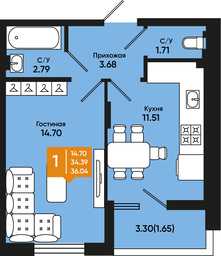 Планировка: 1-комн. квартира 35,5 м²