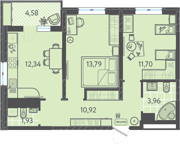 Планировка 2-комнатная 55,85 м²