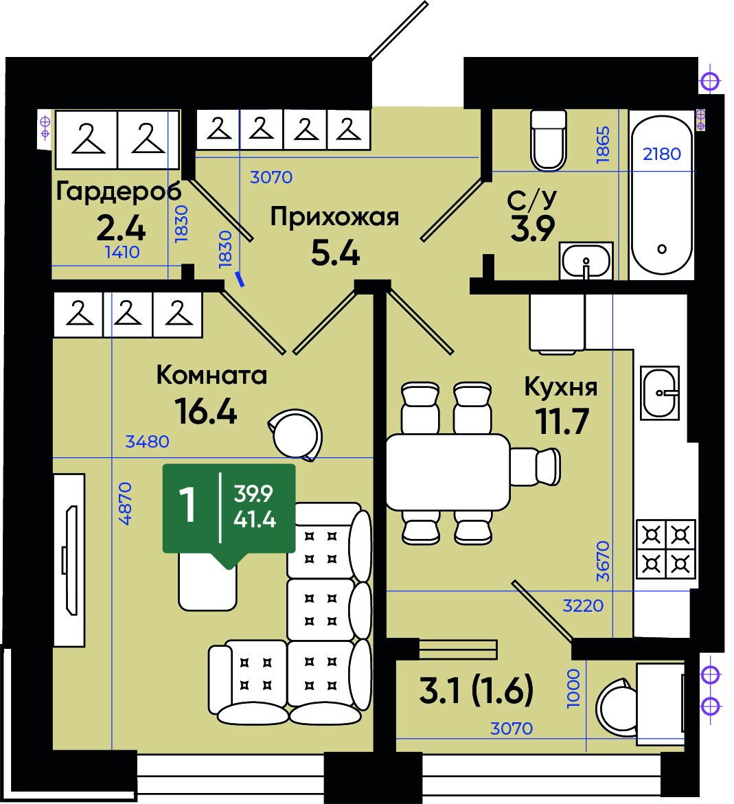 Планировка: 1-комн. квартира 41,4 м²