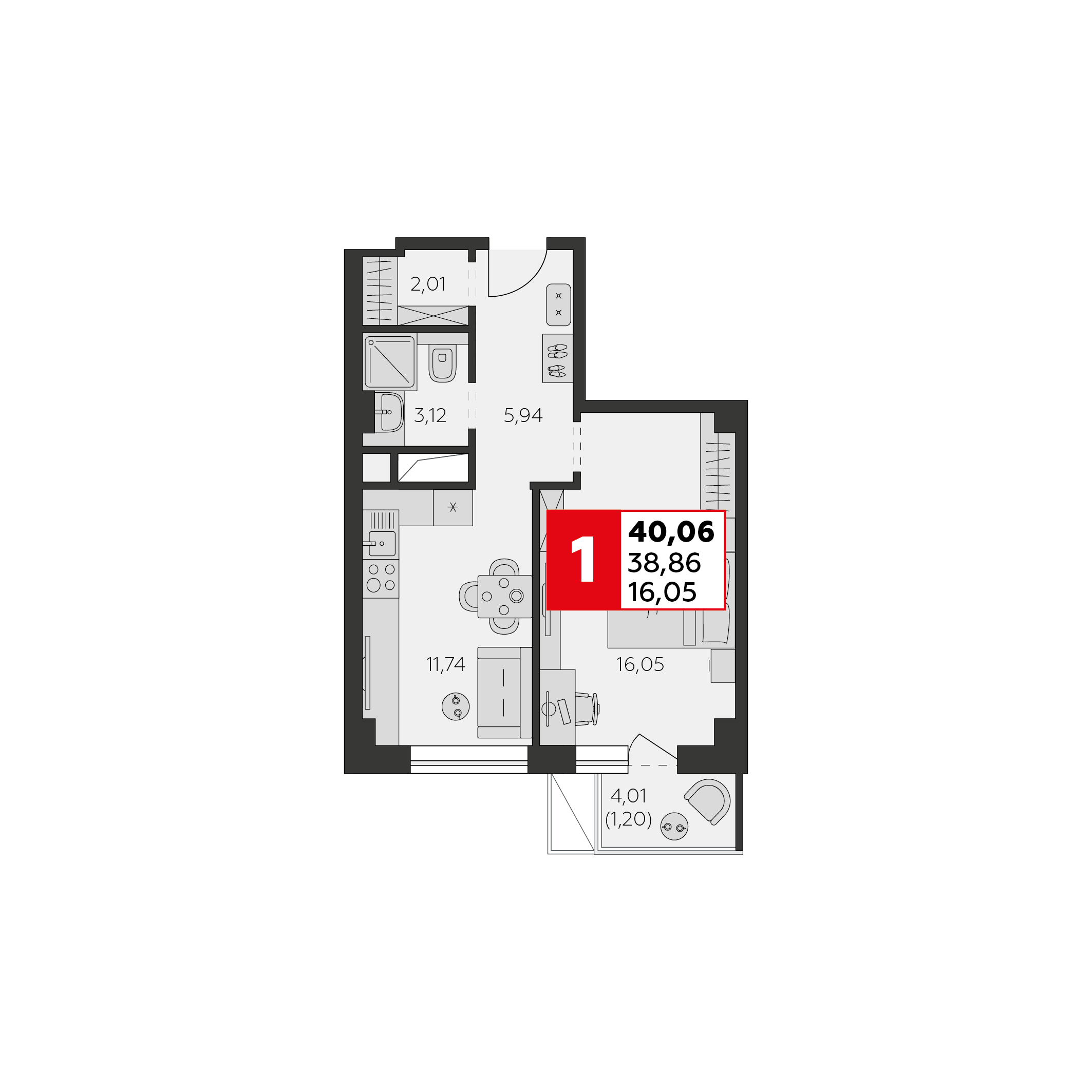 Планировка 1-комнатная 40,06 м²