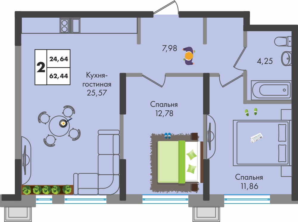 Планировка: 2-комн. квартира 62,5 м²