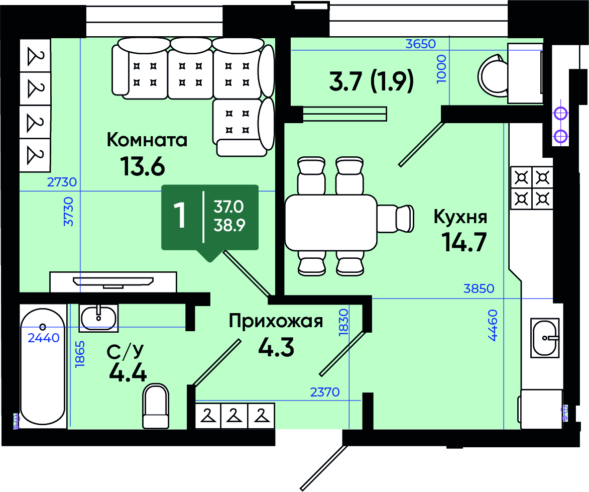 Планировка: 1-комн. квартира 39,9 м²