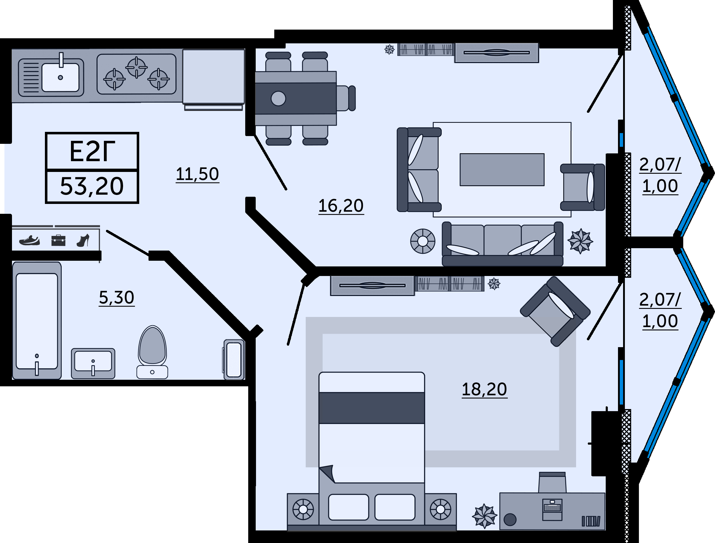Планировка 2-комнатная 53,1 м²