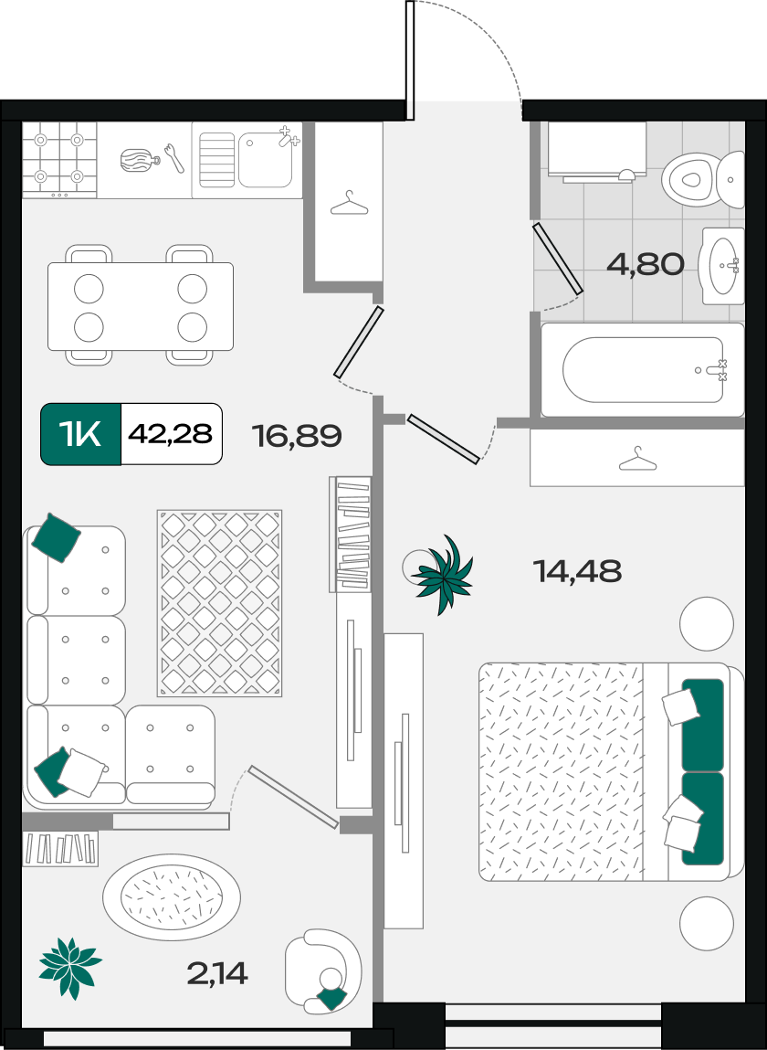 Планировка: 1-комн. квартира 42,3 м²