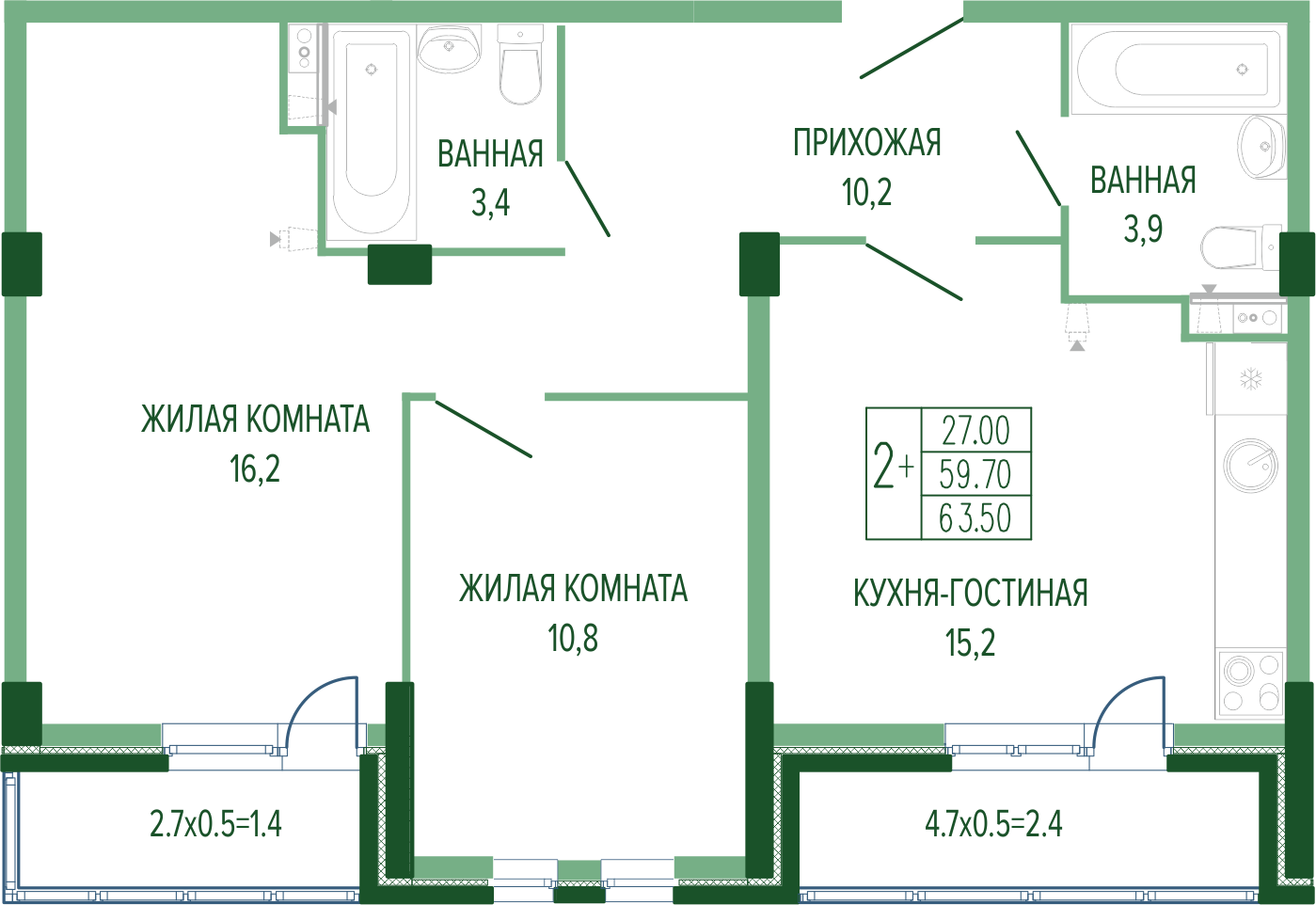 Планировка: 2-комн. квартира 65 м²
