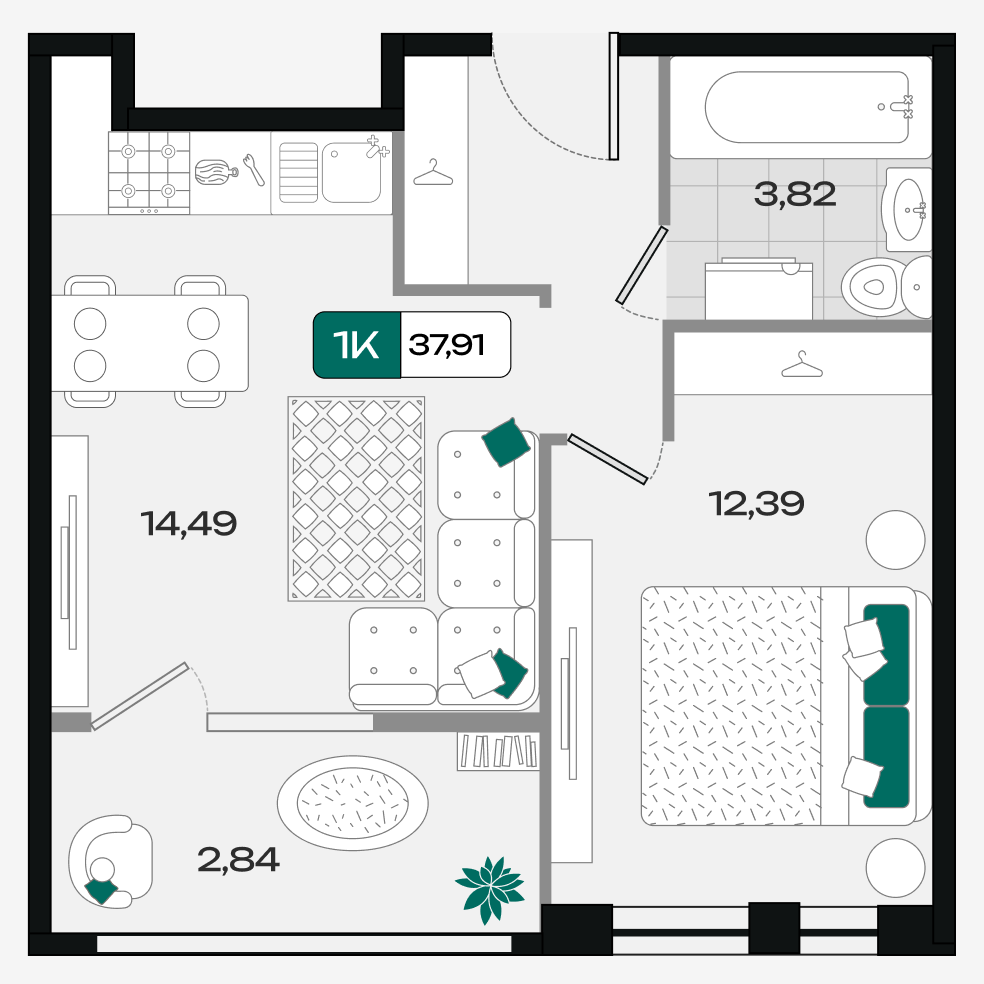 Планировка: 1-комн. квартира 37,9 м²