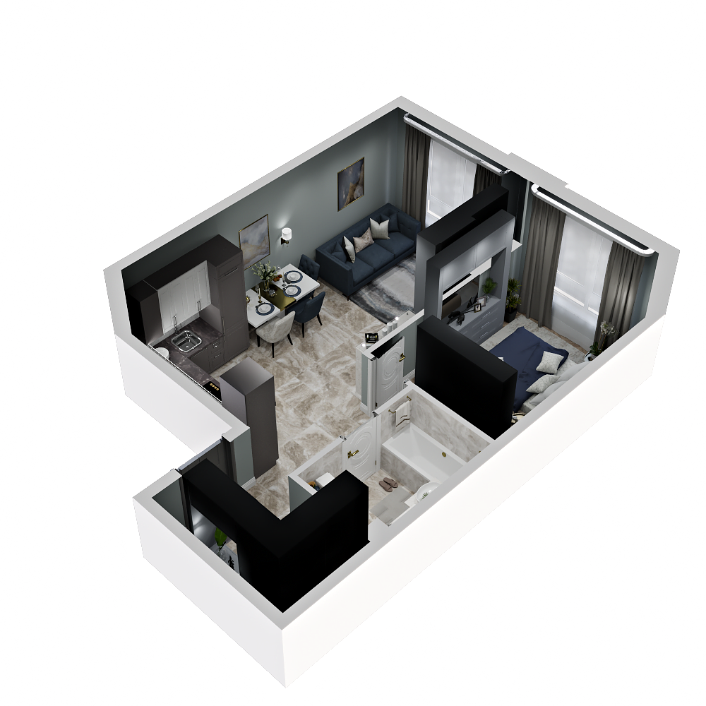 Планировка 1-комнатная 43,7 м²