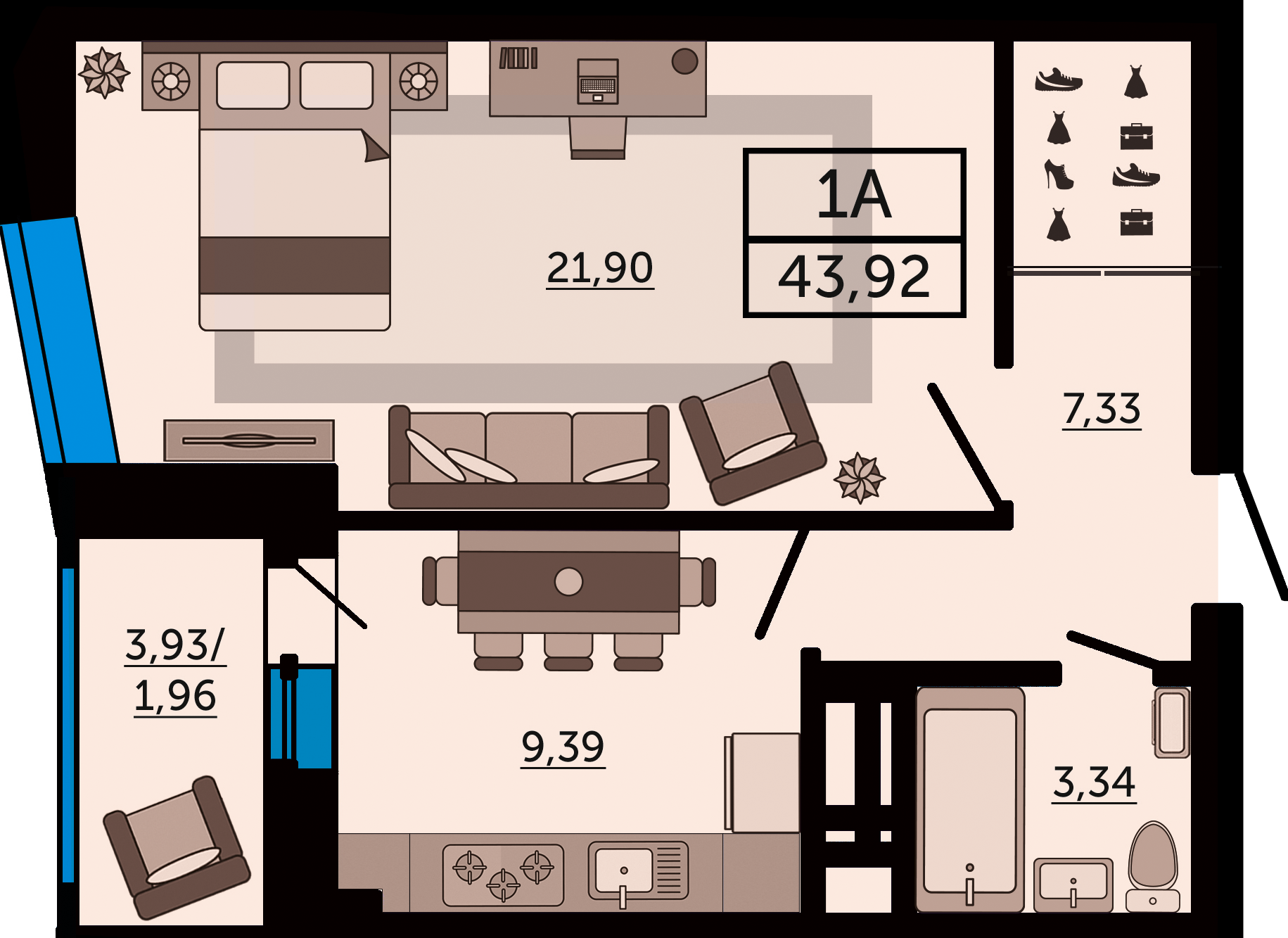 Планировка 1-комнатная 43,92 м²