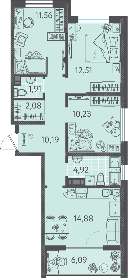 Планировка 3-комнатная 70,55 м²