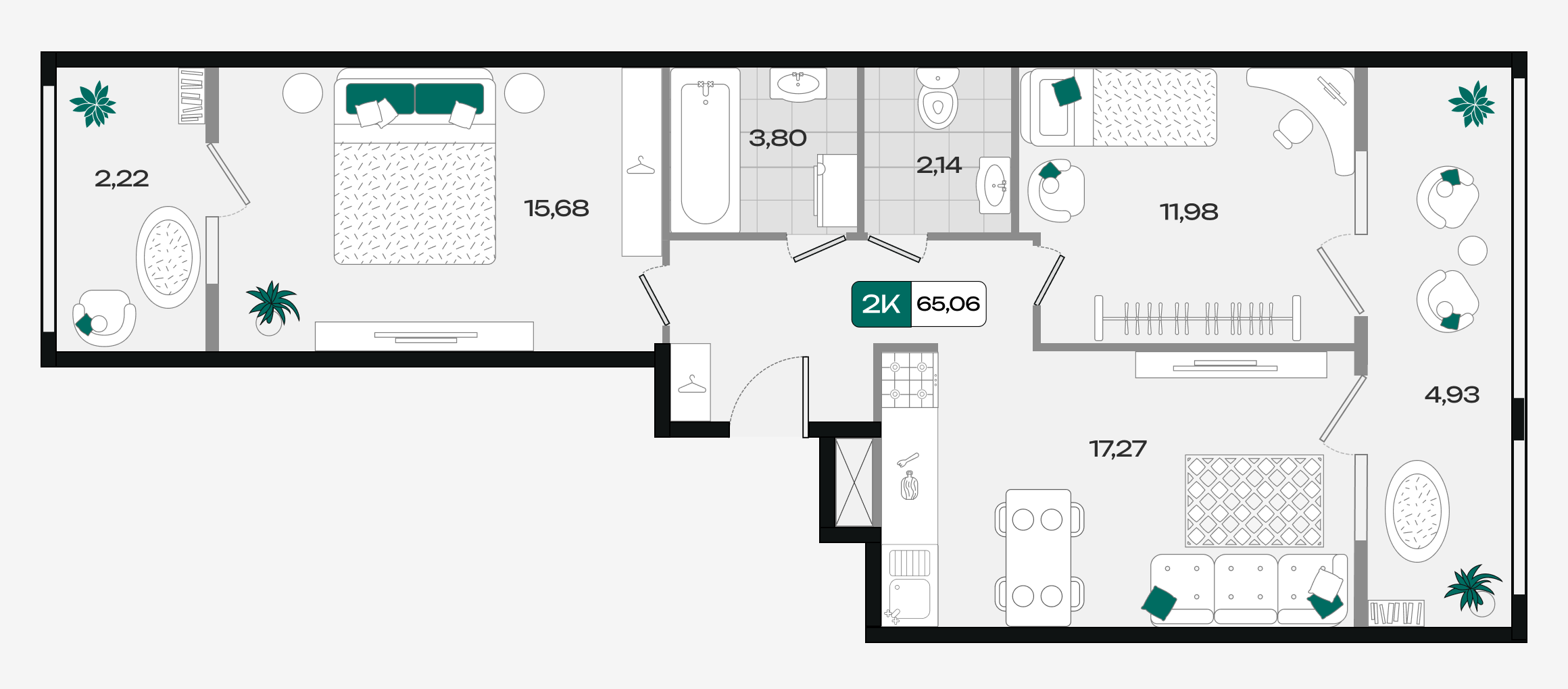 Планировка: 2-комн. квартира 65,1 м²