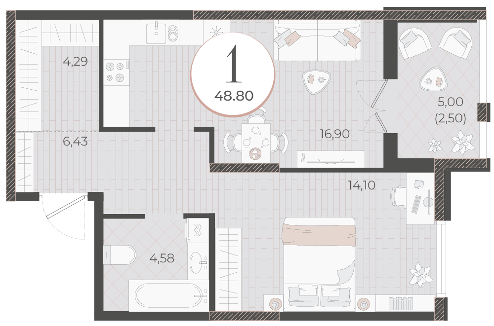 Планировка 1-комнатная 48,8 м²