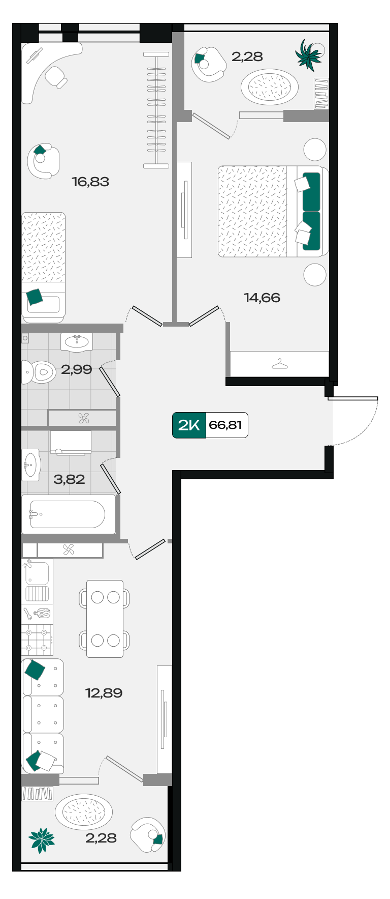 Планировка: 2-комн. квартира 66,8 м²