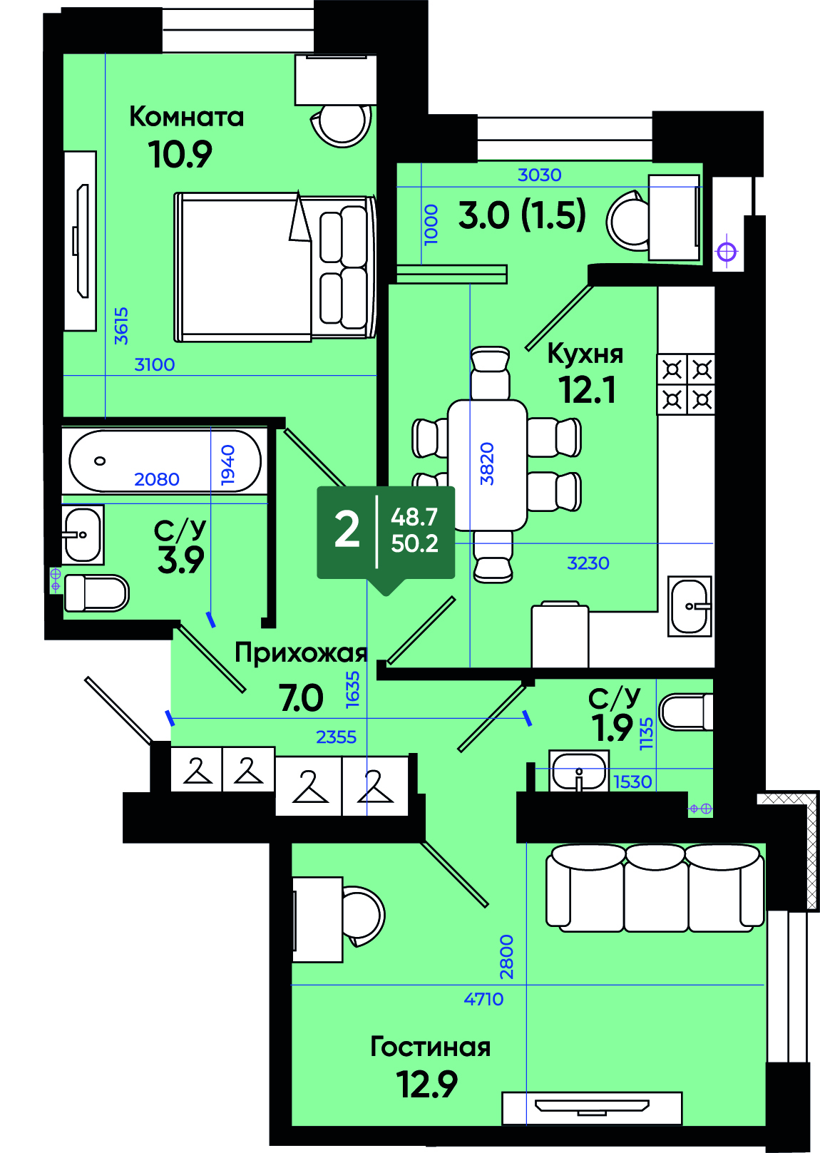 Планировка: 2-комн. квартира 51 м²