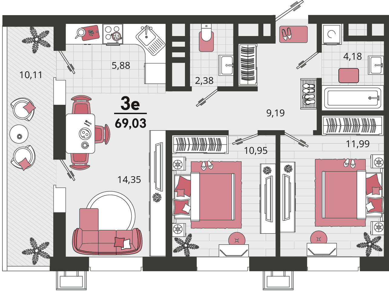 Планировка 3-комнатная 69,03 м²