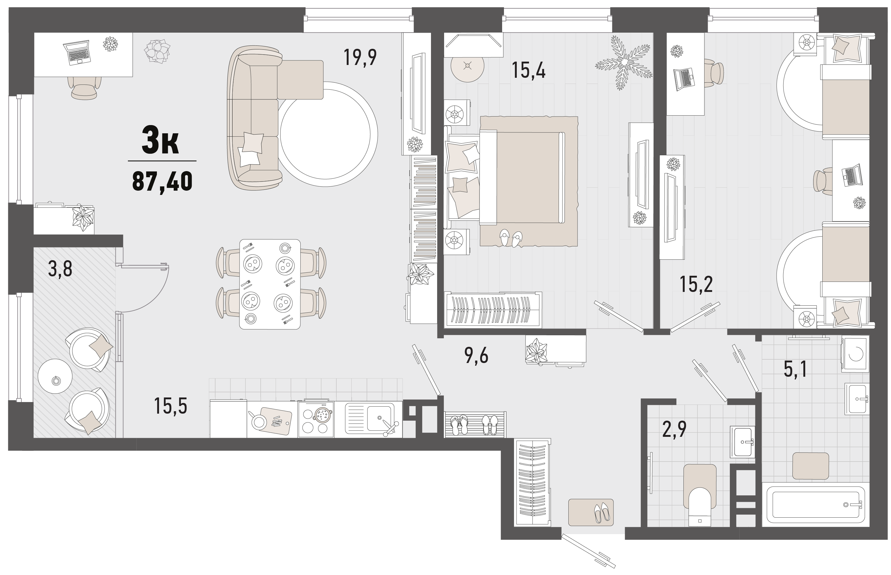 Планировка 3-комнатная 87,4 м²