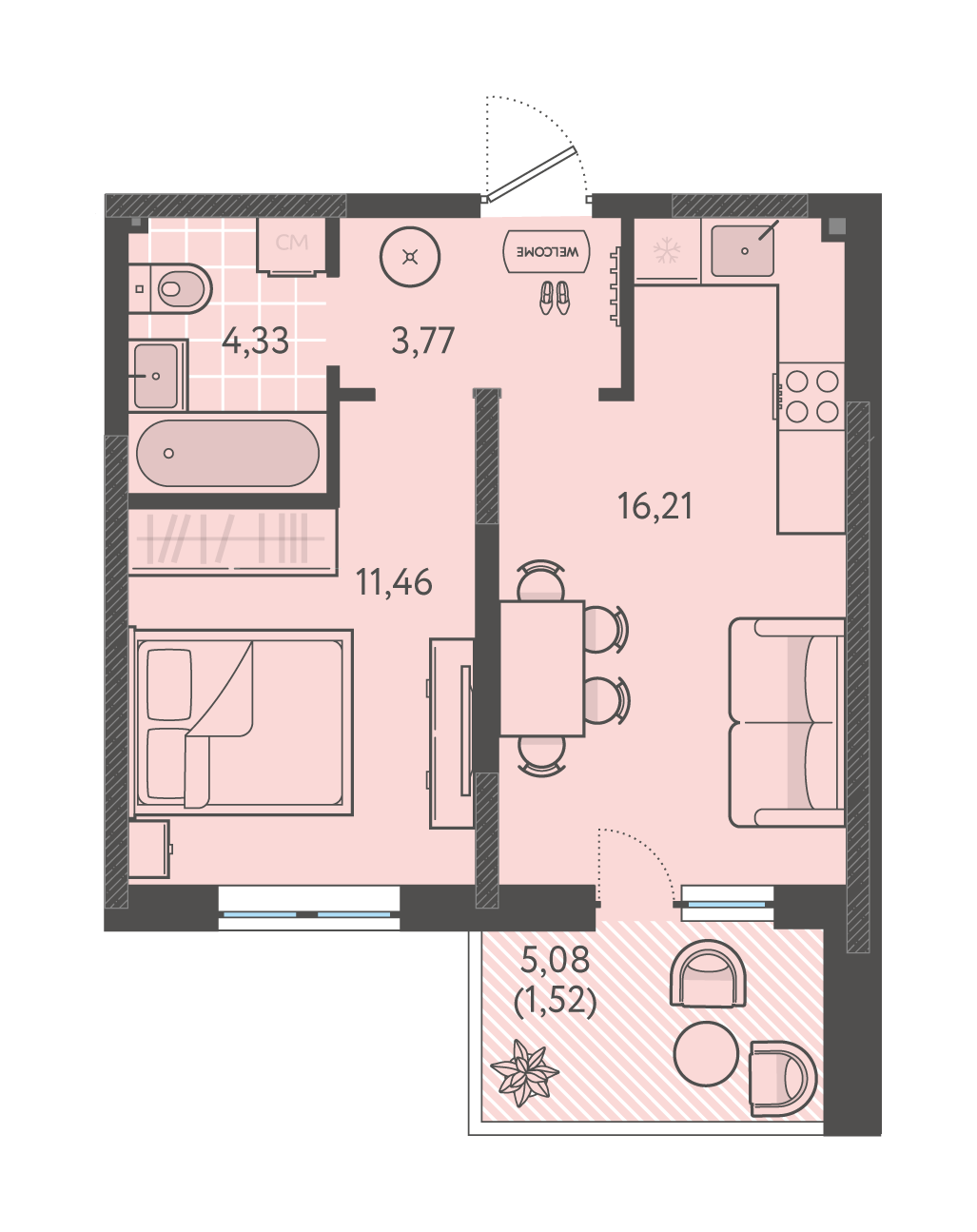 Планировка: 1-комн. квартира 37,3 м²