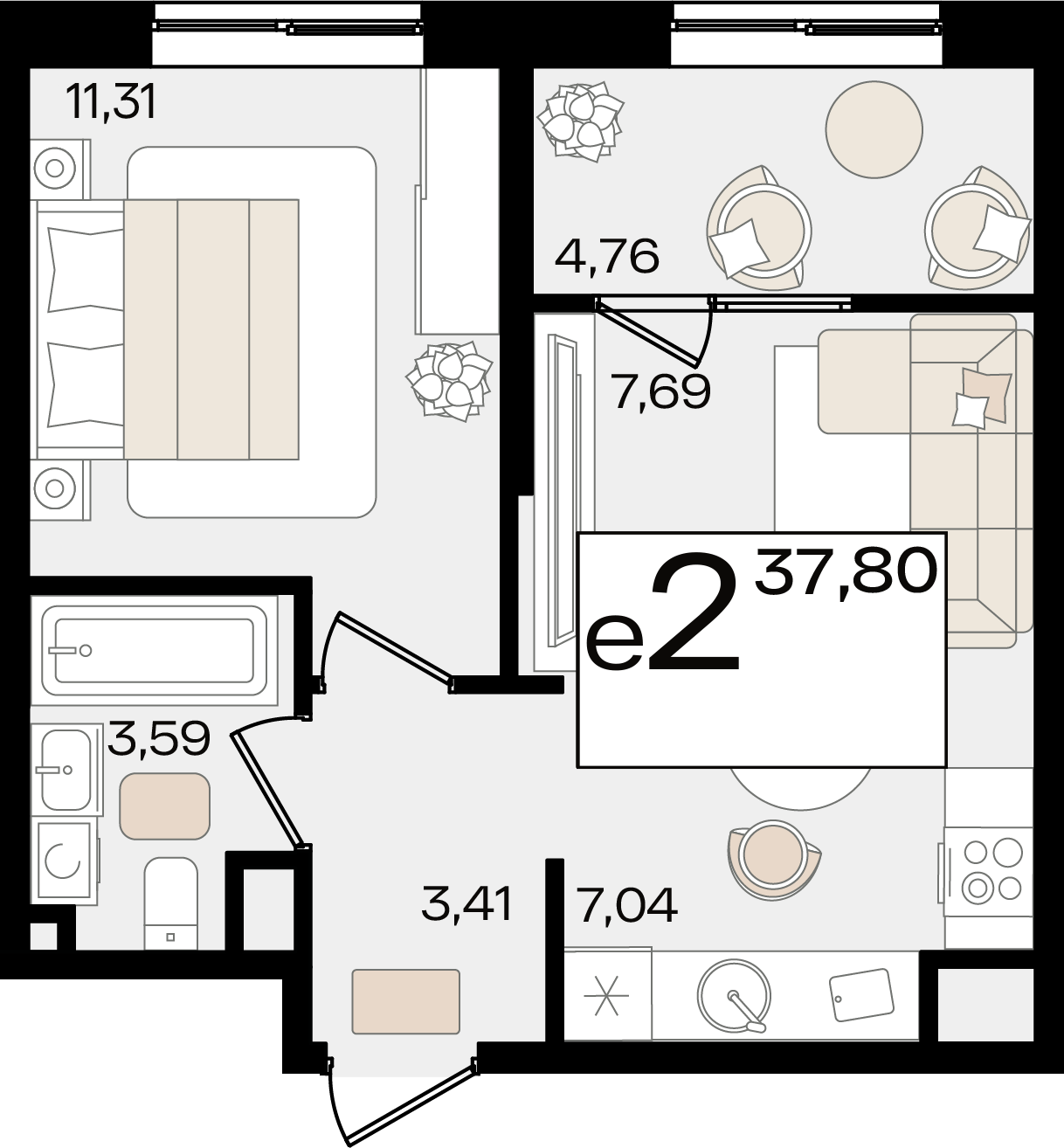 Планировка 2-комнатная 38 м²