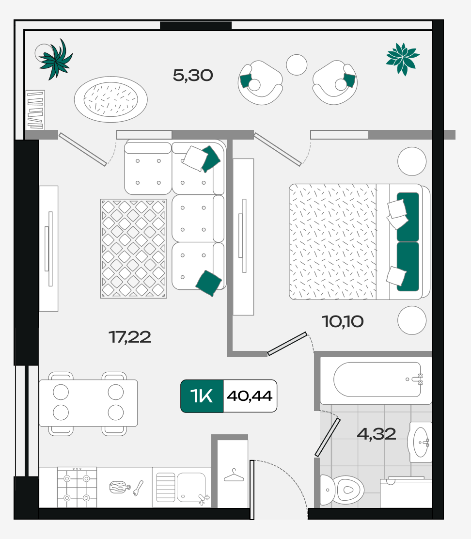 Планировка: 1-комн. квартира 40,4 м²