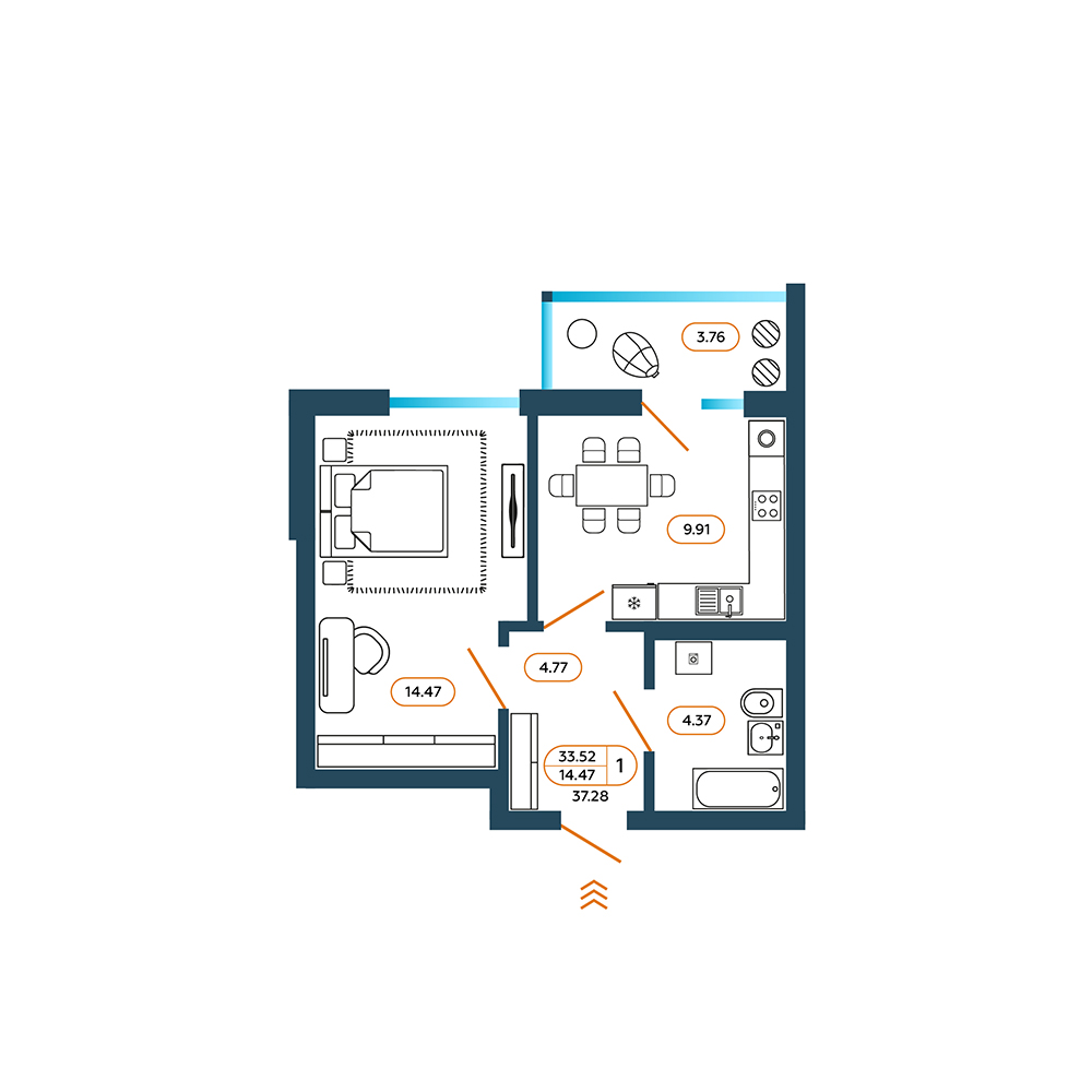Планировка: 1-комн. квартира 37,9 м²